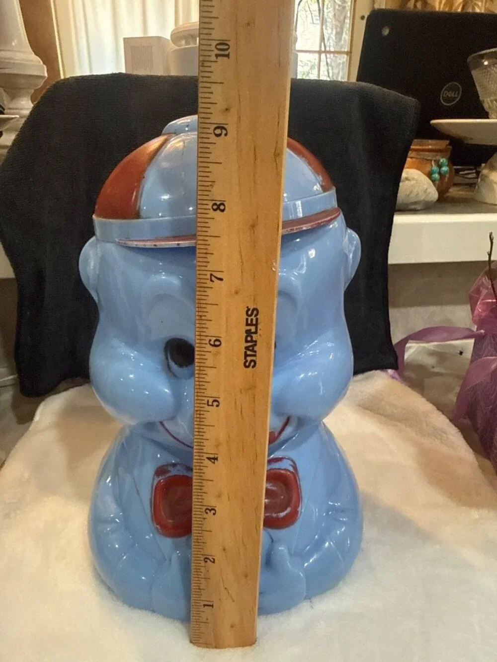 Vintage Blue & Red Celluloid porky pig cookie jar Bow Tie